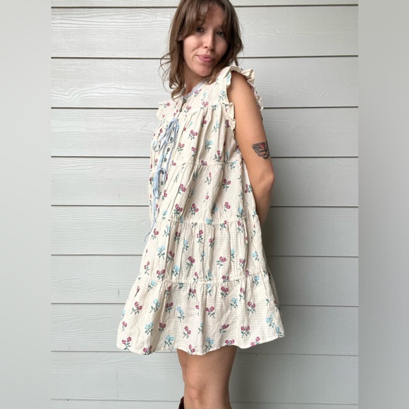 NWT Free People Cream Floral Mini Dress Boho Fairy Cottage Summer Dress, Small - Picture 2 of 6
